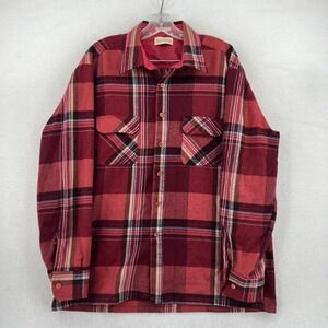 VTG Backpacker Acrylic Madras Plaid Flannel Button Down Over Shirt Size M Red